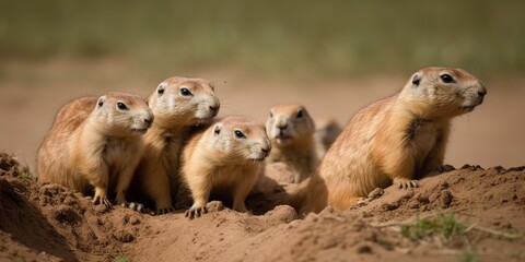 Naklejka na ściany i meble A group of prairie dogs popping in and out of their burrows on the grassy plain, concept of Burrow dwellers' behavior, created with Generative AI technology Generative AI