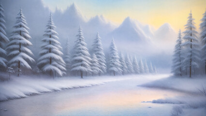 Fototapeta na wymiar Generative AI illustration. Winter landscape, forest