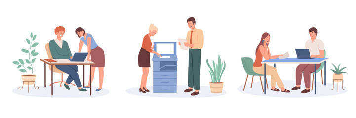 Business set of colleagues talking, working in different offices in company