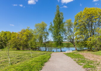 
Park of the estate "Darovoye" of the famous writer Dostoevsky with a pond near Zaraysk, Russia 