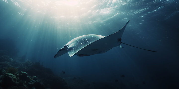 Manta Rochen im Meer mit Sonnenstrahlen im Gegenlicht, ai generativ