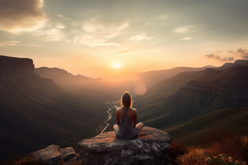 Obraz premium Woman Meditating in Lotus Pose on Cliff with Scenic View