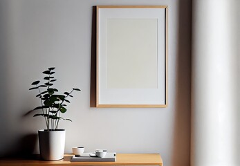 wooden frame mockup in warm neutral minimalist Japandi interior with plant , books on light beige shelf on empty white wall background. Illustration, 3d rendering