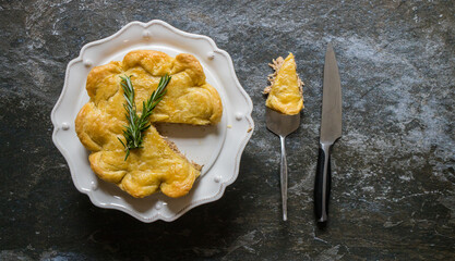 Close up food photography image of a delicious chicken pie that just came from the oven