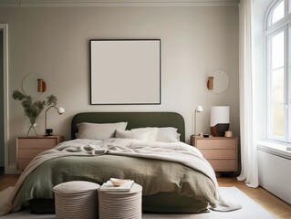 Warm neutral wabi sabi style minimalist interior mockup, bedroom in natural green earth tones with square poster frame, jute decoration, table and dried herb, branches, against empty wall.