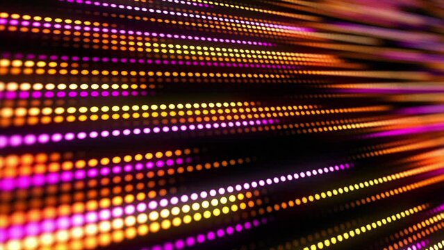 4K Abstract digital particles flow. Yellow, orange and pink pixelated flowing dots. Abstract background stock video. Fiber optic lines moving dots background with lens blur effect.