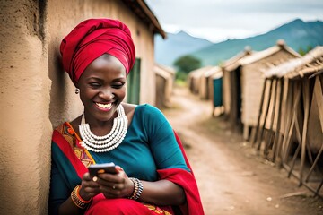 African woman using mobile phone in a village rural area set up. Generated by AI