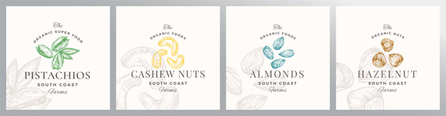 Nuts Logo Templates Set. Hand Drawn Almonds, Pistachios, Cashew and Hazelnut Sketches with Retro Typography. Premium Plant Based Vegan Food Badge Emblems Collection Isolated