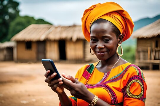 African Woman Using Mobile Phone In A Village Rural Area Set Up. Generated By AI