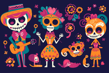 flat dia de muertos character elements collection, cinco de mayo character elements collection.