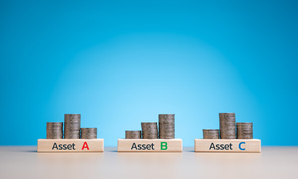 Investment asset allocation and diversification and risk management strategy. Stacking coins with Assert A B C words on wooden blocks. Real estate investment and wealth. Money management with funds