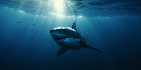 Fototapeta na wymiar Weißer Hai, Sonnenstrahlen brechen im Meer, ai generativ