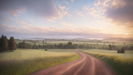 Fototapeta premium Generative AI illustration. Sunset over the field