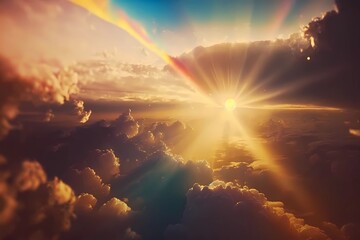 Flight through cloudscape at sunset golden hour with beautiful rainbow and lens flare aura. Heaven sky background with large clouds. Magical fantasy sky skyline as sunrise background. Generative AI
