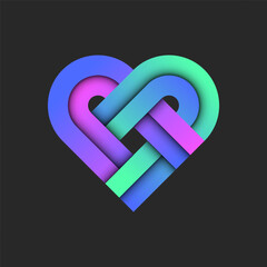 Heart shape logo from vibrant gradient, intersection rounded stripes with 3d layers effect with shadows, creative vivid weaving pattern symbol.