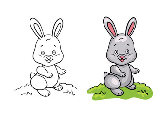 Children's coloring book with a color example of a drawing with a rabbit. Activity art drawing game with a bunny. Educational creative task for kids.