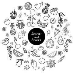 Trendy hand drawn set with fruits, berries and text. Pineapple, strawberry, apple, pear, watermelon and other. Doodle vector illustration EPS10. Isolated on white background