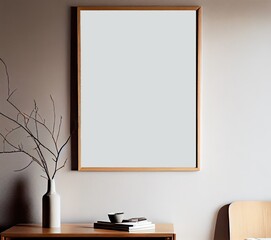 wooden frame mockup in warm neutral minimalist Japandi interior with plant , books on light beige shelf on empty white wall background. Illustration, 3d rendering