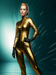 Fototapeta na wymiar Sexy Frau in Gold Motorrad Lederanzug in kurvenreiche Pose, ai generativ