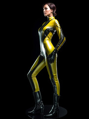 Sexy Frau in schwarz gelb Motorrad Lederanzug in kurvenreiche Pose, ai generativ