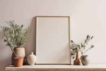 Warm neutral wabi sabi style minimalist interior mockup with poster frames, jute decoration, candles, ceramic jug, table, desk lamp, and dried herb, branches, against empty concrete wall.