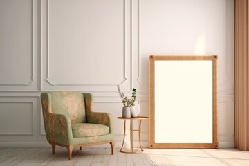 Warm neutral wabi sabi style minimalist interior mockup with poster frame with floral retro armchair, coffee table, jute decoration, ceramic jug, plant, sunlight and shadow, against empty wall.