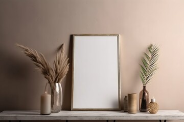 Warm neutral wabi sabi style minimalist interior mockup with poster frames, glass vase, candles, table, desk lamp, and dried herb, branches, against empty concrete wall.