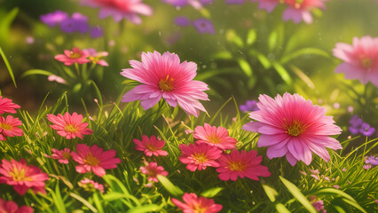 Generative AI illustration. Pink flowers in the garden