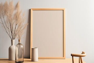 Warm neutral wabi sabi style minimalist interior mockup with poster frame, jute decoration, glass vase, table, and dried herb, branches, against empty concrete wall.