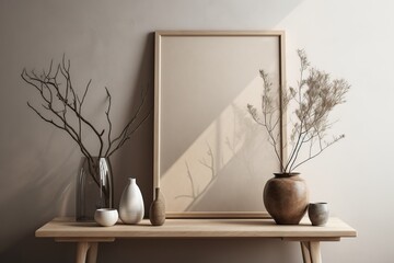 Warm neutral wabi sabi style minimalist interior mockup with poster frames, jute decoration, ceramic jug, table, desk lamp, books, and dried herb, branches, against empty wall.