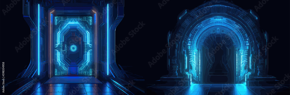 Poster futuristic door in cyber space. futuristic portal. generative ai