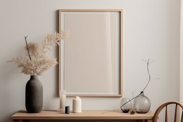 Warm neutral wabi sabi style minimalist interior mockup with poster frame with wooden dining table, chair, jute decoration, ceramic jug, plant, sunlight and shadow, against empty wall. 3d rendering