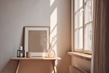 Warm neutral wabi sabi style minimalist interior mockup with poster frames, glass vase, candles, table, desk, and plant, branches, against empty concrete wall.