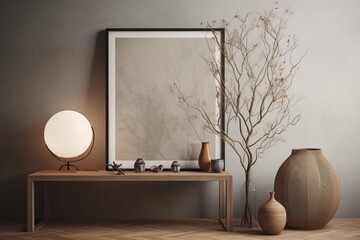 Warm neutral wabi sabi style minimalist interior mockup with poster frame, jute decoration, candles, ceramic jug, table, desk lamp and dried plant, branches, against empty conc rete wall.