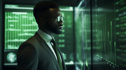 Fototapeta premium Colored Financial Businessman Stands Amid Bright, Optimistic Financial Growth, With Visible Graphs and Numbers Displayed on Screens