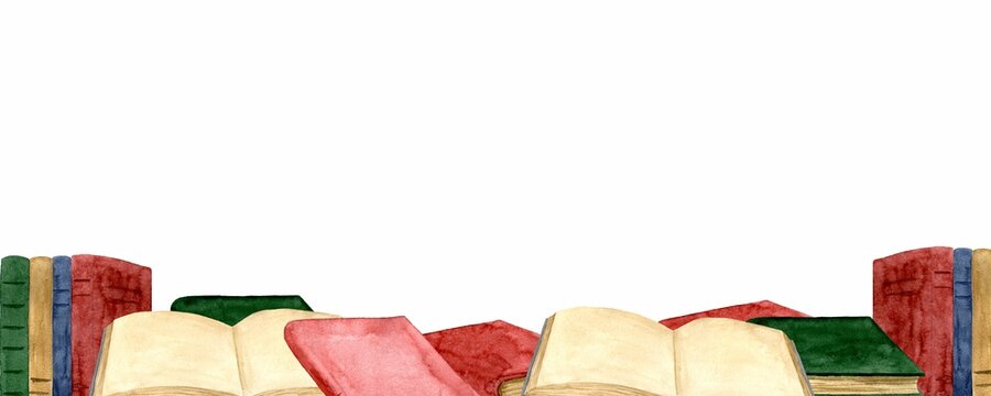 Frame from colorful books. Watercolor hand drawn illustration isolated on white background. Template for banner, design cards, flyers and invitations.