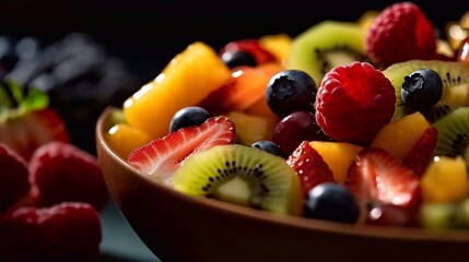 Close up fresh fruit salad in a bowl on dark background