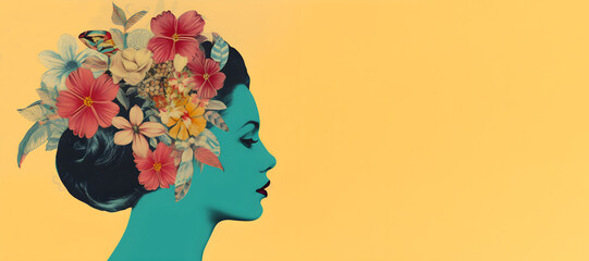 Collage with woman head and flowers on a yellow background, vintage collage with copy space. Generative AI.