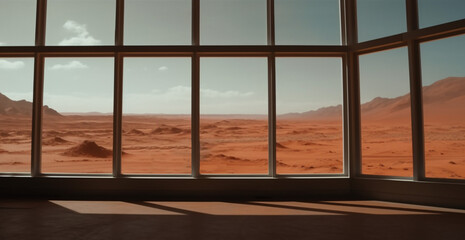Mars space station interior of residential module with panoramic windows, empty apartment. View through the window to red desert. Travel, colonization. Ai generated art.
