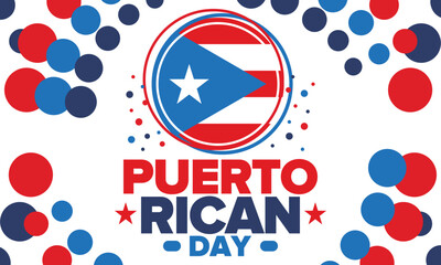 Puerto Rican Day. National happy holiday. Festival and parade in honor of independence and freedom. Puerto Rico flag. Latin american country. Patriotic elements. Vector poster illustration