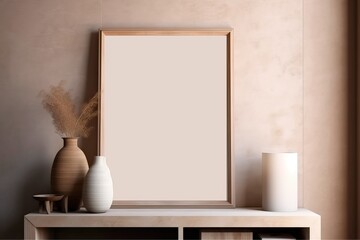 Warm neutral wabi sabi style minimalist interior mockup with poster frames, jute decoration, candles, ceramic jug, table, and dried plant, branches, against empty wall.