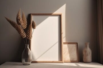 Warm neutral wabi sabi style minimalist interior mockup with poster frames, jute decoration, ceramic jug, glass vase, table, and dried plant, branches, against empty wall.
