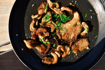 Pan fried oyster mushrooms top view