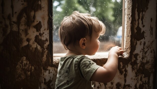 A poor child inside a destroyed house looking through a dirty window ai, ai generative, illustration