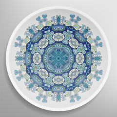 Decorative plate with round ornament in ethnic style. Mandala circular abstract geometric floral pattern. Fashion background with ornate dish. Interior home decor, vector illustration