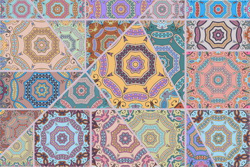 Vector patchwork quilt pattern. Vintage decorative collage. Hand drawn background. Indian, Arabic, Turkish motifs for printing on fabric or paper. Abstract colorful doodle pattern in mosaic style