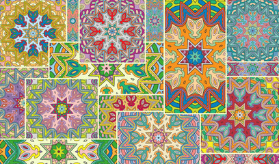 Vector patchwork quilt pattern. Vintage decorative collage. Hand drawn background. Indian, Arabic, Turkish motifs for printing on fabric or paper. Abstract colorful doodle pattern in mosaic style