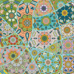 Vector patchwork quilt pattern. Vintage decorative collage. Hand drawn background. Indian, Arabic, Turkish motifs for printing on fabric or paper. Abstract colorful doodle pattern in mosaic style