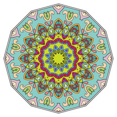 Mandala flower decoration, hand drawn round ornament, isolated design element on a white background. Vector geometric floral pattern. Tribal ethnic fashion motif for paper, textile, cloth fabric print
