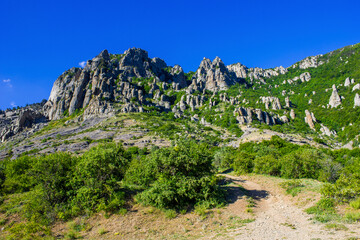 Plateau, mountain with old rocks and a cliff with stones and large boulders, forest and grass on a slope against a bright blue sky and and forest in the foreground